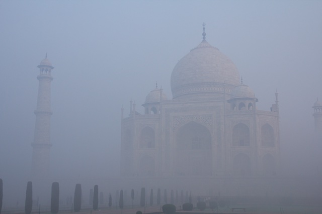 The Taj Mahal in early morning smog, December 2015, Agra, India.